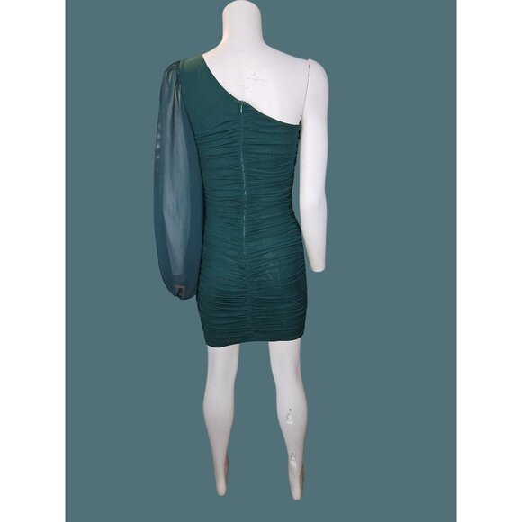 Hello Molly One-Sheer Shoulder Emerald Green Ruched Bodycon Dress - Women 6 - Picture 2 of 8